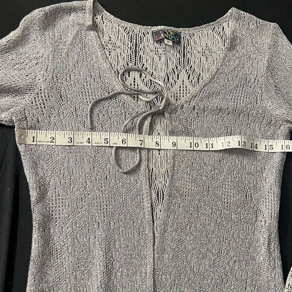 Vintage 90s / Y2K | Eye Candy | Silver Metallic | Tie Front | Fringe Cardigan - Picture 8 of 11